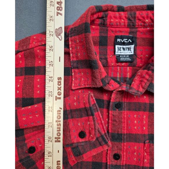 RVCA Mens Medium Flannel Shirt Red Black Plaid Button-up Heavyweight Cotton - Picture 6 of 10